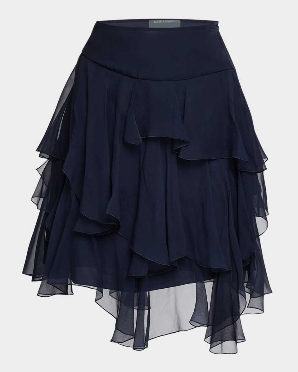 Asymmetric Tiered Silk Ruffle Mini Skirt